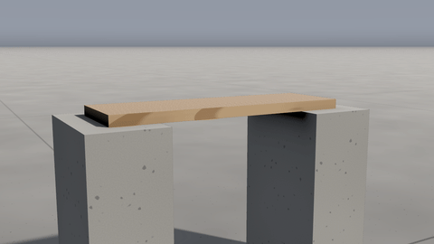 Breaking a board: a 10 kg weight dropped from a metre onto a pine board across two blocks, slowed four times: it bends, then snaps in a jagged greenstick break. Breaking a board