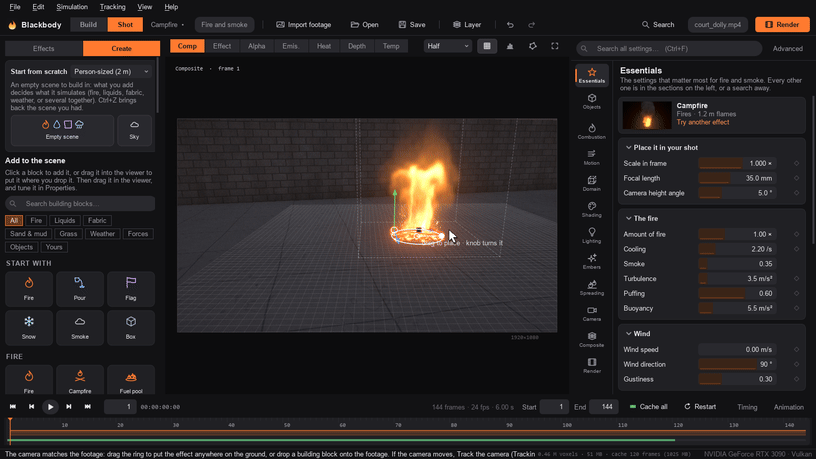 Tracking the camera: the move worked out for every frame, then the fire staying on the ground as the camera dollies in