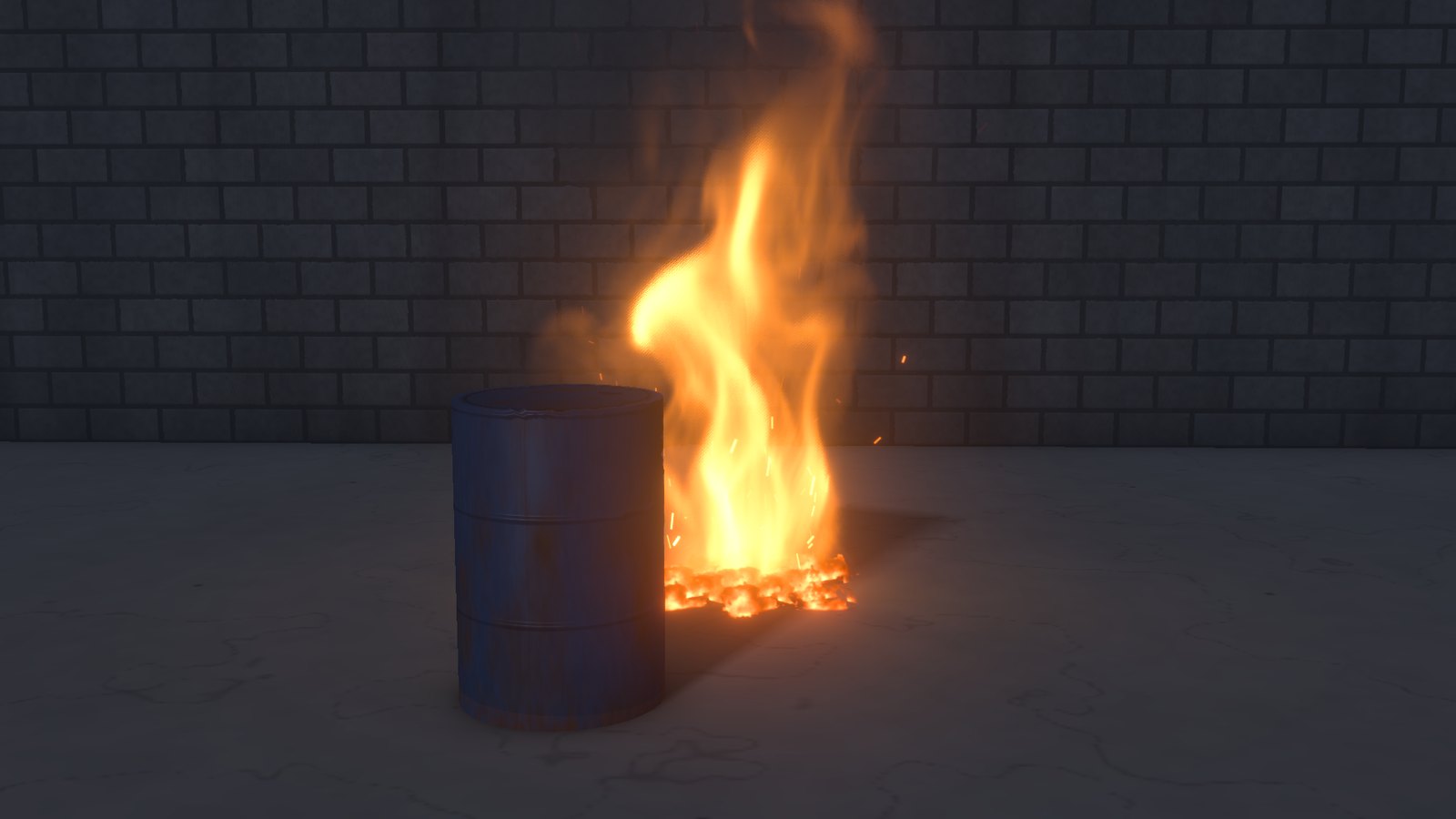 The same shot with a simulated fire behind the drum, lighting the ground and the wall