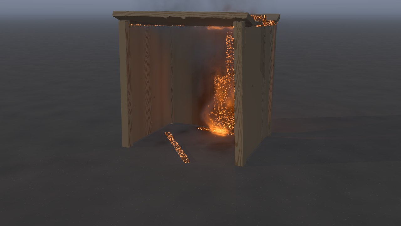 A wooden shed with a fire inside, lit by the classic engine: its inner walls flat brown