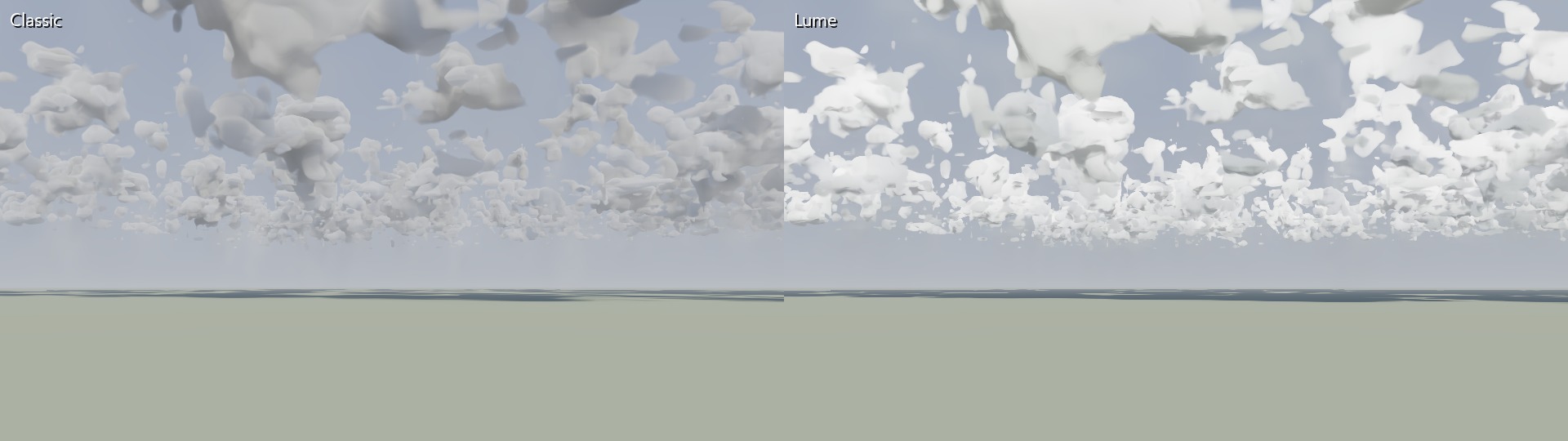 A sky of cumulus clouds lit by the classic estimate, dull grey, and traced by Lume, bright and sunlit with relief