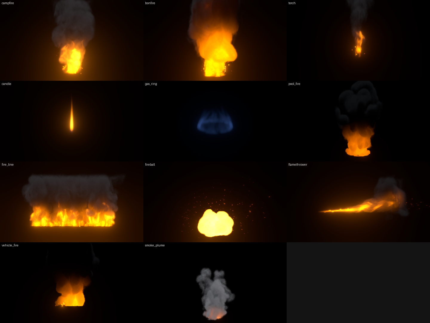 The eleven fire presets, rendered over black