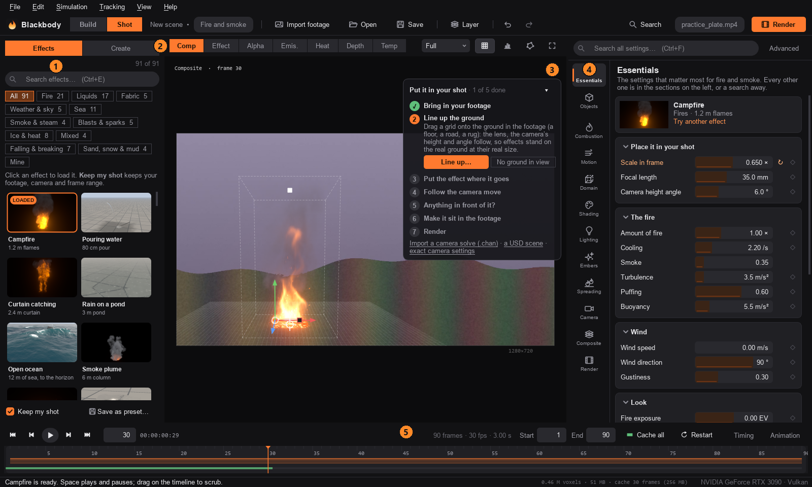 The Blackbody window: Effects, viewer, Properties and timeline