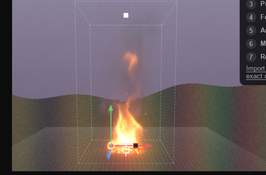 The placement handles: the ring at the fire base and the square at the top of the simulation box