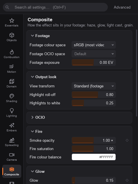 The Composite settings