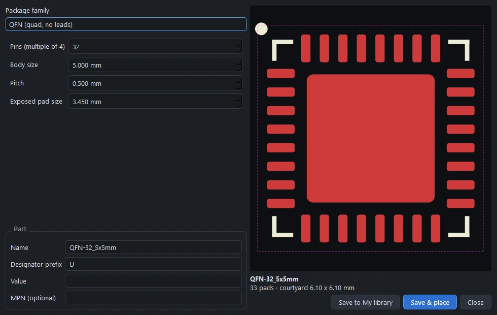 The footprint wizard drawing a QFN-32