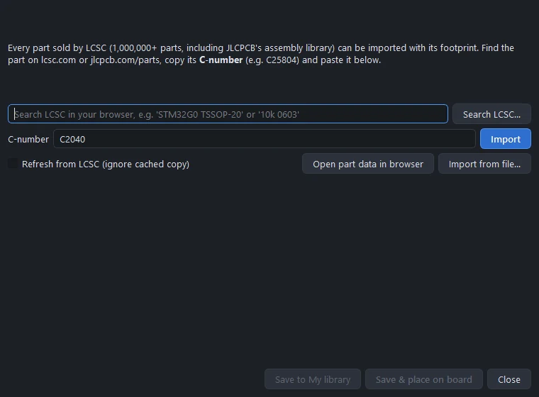 The LCSC import dialog